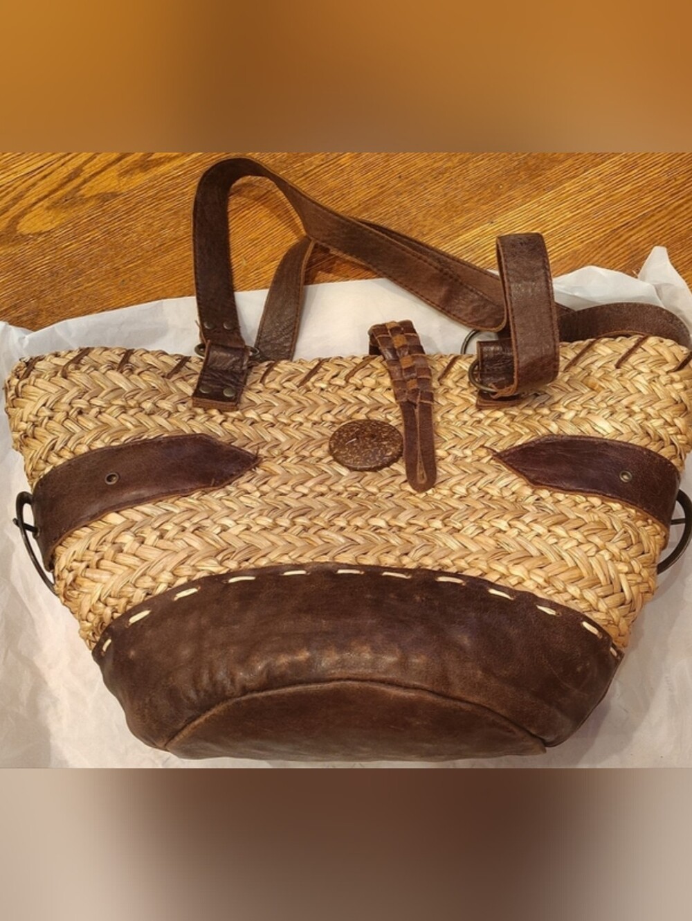 Bella Luna Boho Straw Basket Handbag Brown Leather Accent Vintage